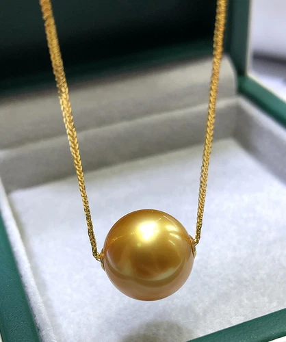 Huge 18" 12mm natural south sea genuine gold round pearl necklace pendant 1088