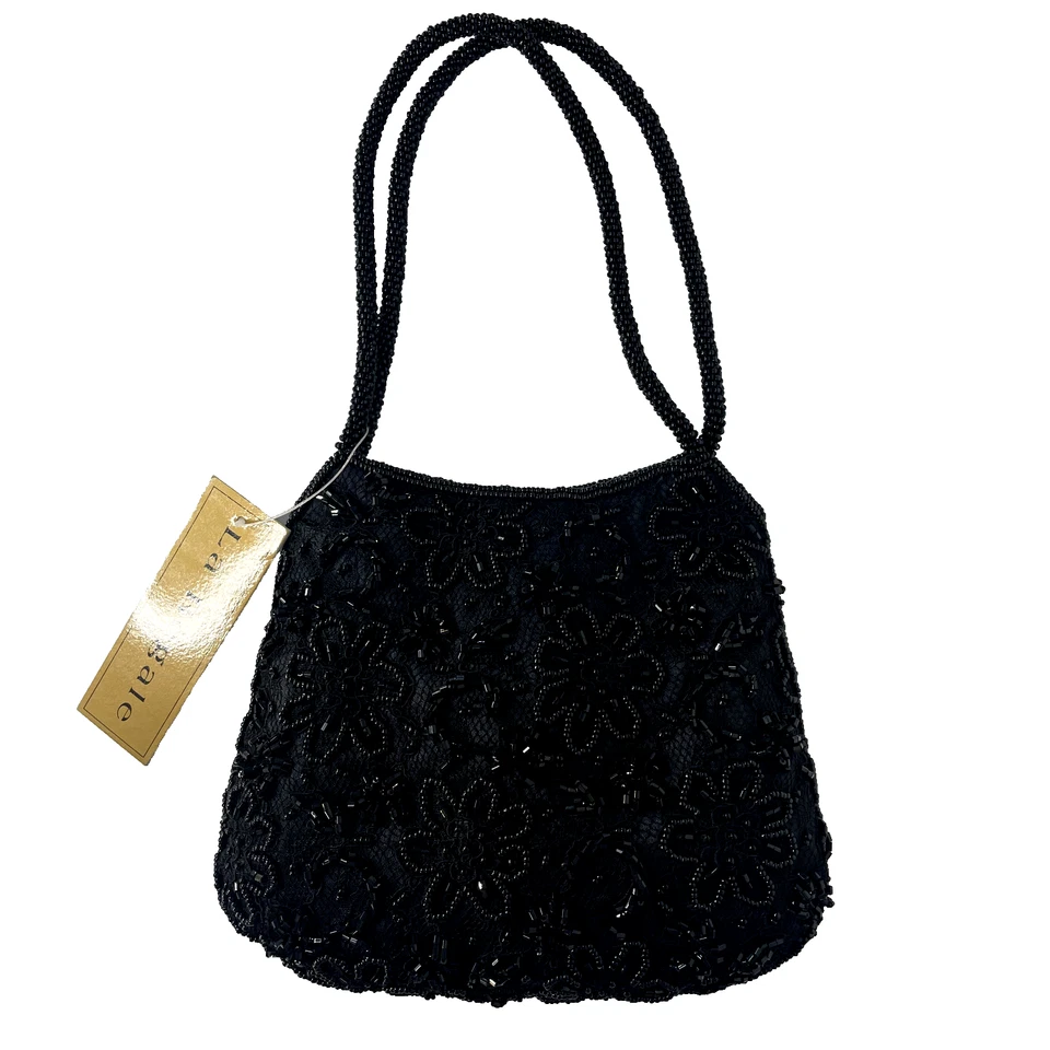 黑色串珠单肩包钱包 La Regale 带标签 复古 20 世纪 80 年代正式 Cocktai NOS — 第 3/4 张图片