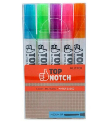 Top Notch Glitter Paint Markers 5 Colors Medium Tip Water Based 1737-2251 NEW