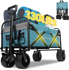 Folding Utility Cart with Big All-Terrain Wheels Drink Holders, light-Blue