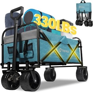 Folding Utility Cart with Big All-Terrain  Wheels & Drink Holders, light-Blue
