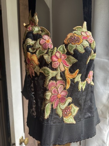 Vintage Carnival Corset Halter Bustier With Embroidered Flowers Lace 34C - Picture 4 of 10