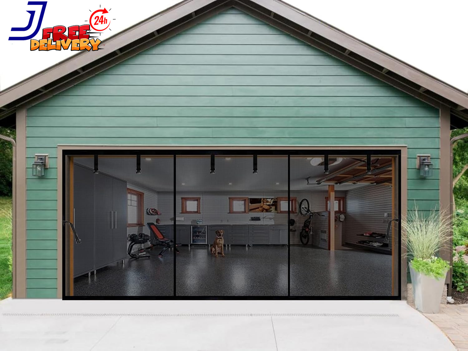 Garage Door Screen 17X10Ft for 2 Car Retractable Fiberglass Magnetic Screen Mesh