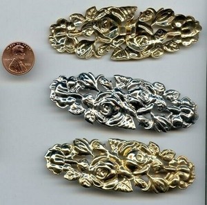 3 VINTAGE GOLD PLATED DUAL ROSE FLOWER 3.5" OVAL PIERCED CLIP BACK FINDINGS 531a