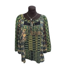 Fig  Flower Womens Tunic Top M Green Geometric Lace Inlay Boho Blouse