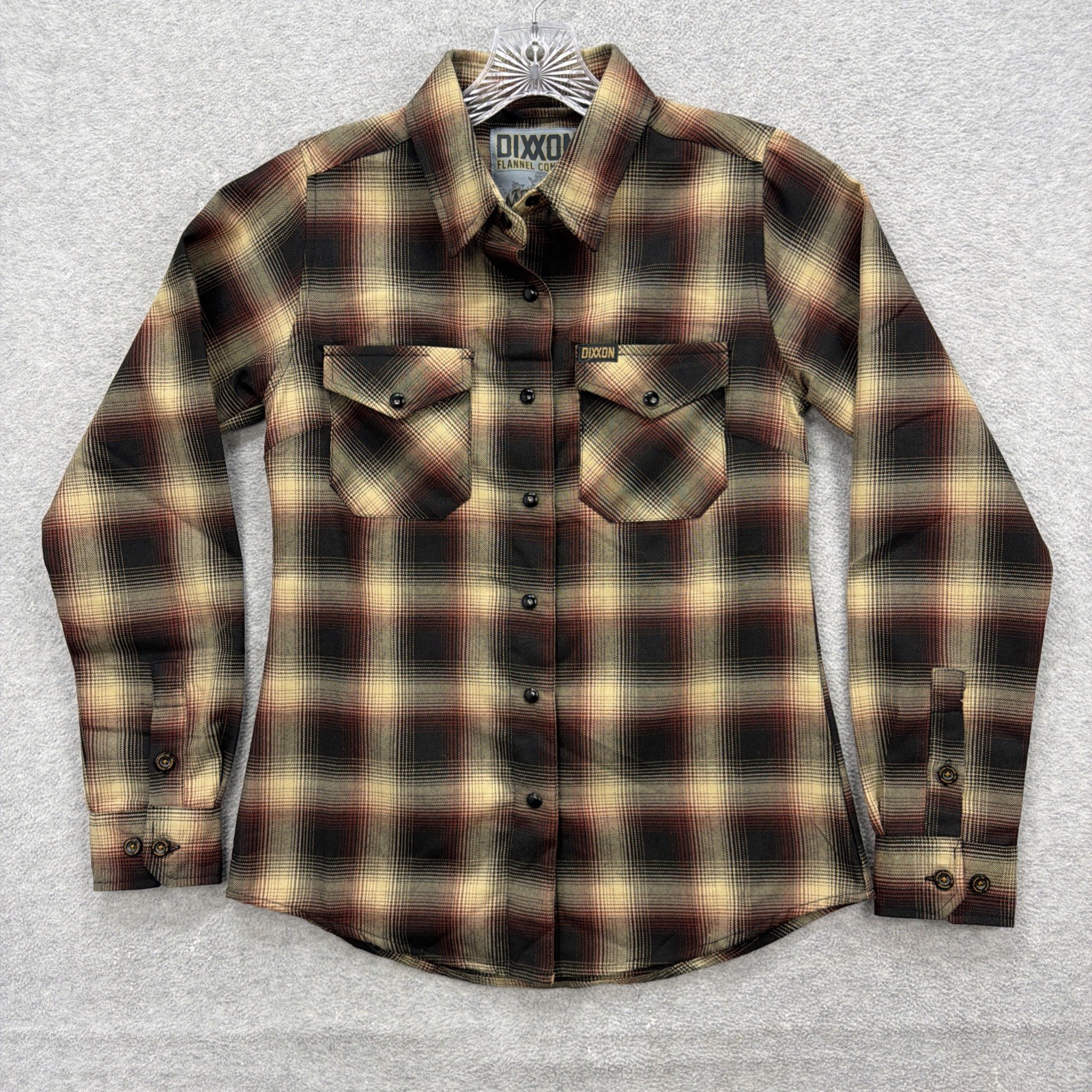 Dixxon Flannel Shirt Women Small Black Tan Plaid Red Pearl Snap Moreno D Tech