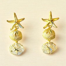 14k Yellow Gold Dangle Drop Starfish Seashell Sand Dollar Nautical Earrings