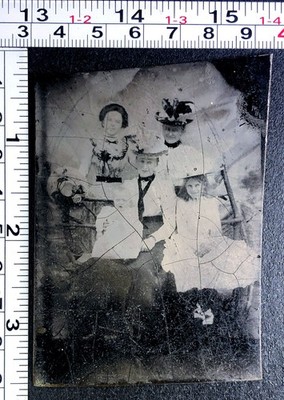 Antique Tin Type 1/6 Plate Photograph Three Women Two Children Fancy Dress