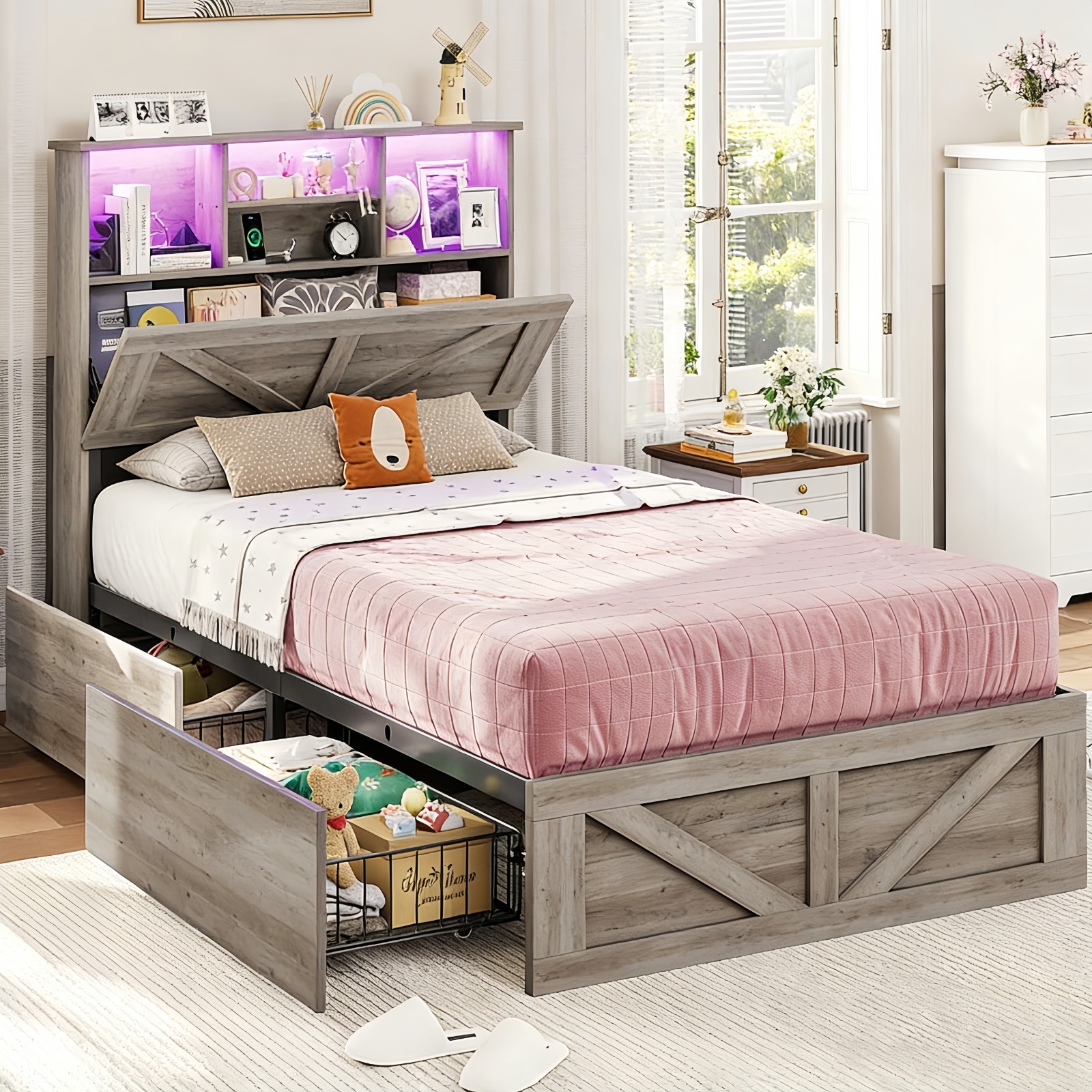 T/f/q Size With Bookcase Headboard &4 Storage Drawers