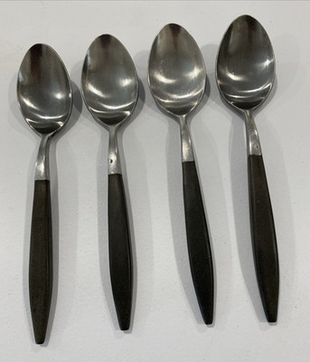 4 Pc. Vintage Japan AMC Flatware Spoons Black Plastic Handles Forged Steel