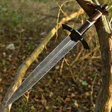 Handmade Damascus Steel Short Sword, Fire-Pattern Blade | Wenge Wood Handle | Co