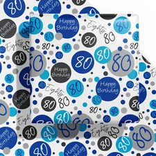 Birthday Wrapping Paper Sheet - 6 Sheets Blue 80th Birthday Design Folded Flat f