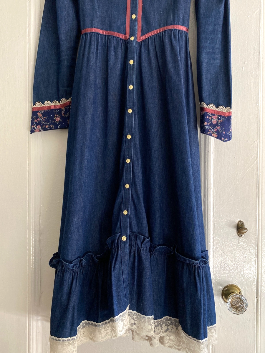 70s GUNNE SAX prairie dress vintage ⑤ Vtg 70s Gunne Sax Denim Prairie Dress Saks Fifth Ave Jessica