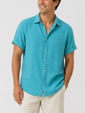 Scotch  Soda Men  s Linen Shirt L Blue/Green Button-Up Short Sleeve Toxic Fever