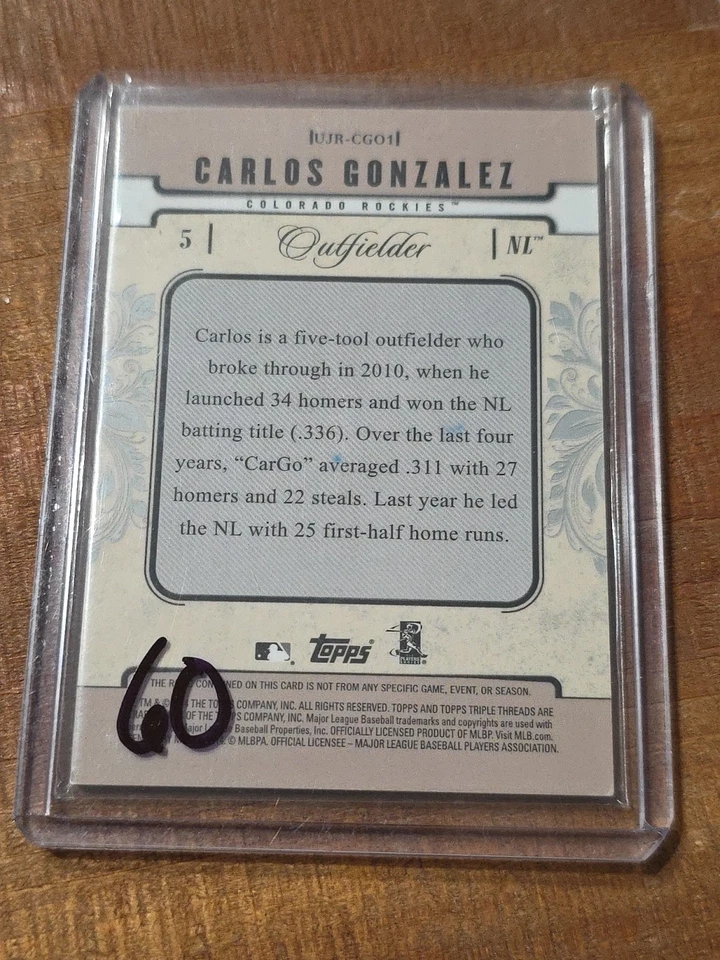 2014 Тройные нити нашивка Карлос Гонсалес /36 авто (не подлинный) - Изображение 4 из 4