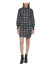 CALVIN KLEIN Womens Gray Plaid Cuffed Sleeve Short Sheath Dress 2