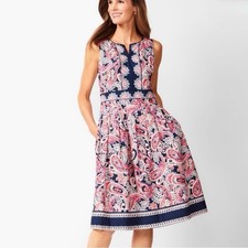 Talbots Pink Blue Floral Paisley Pockets Sleeveless Cotton Midi Dress Size 8