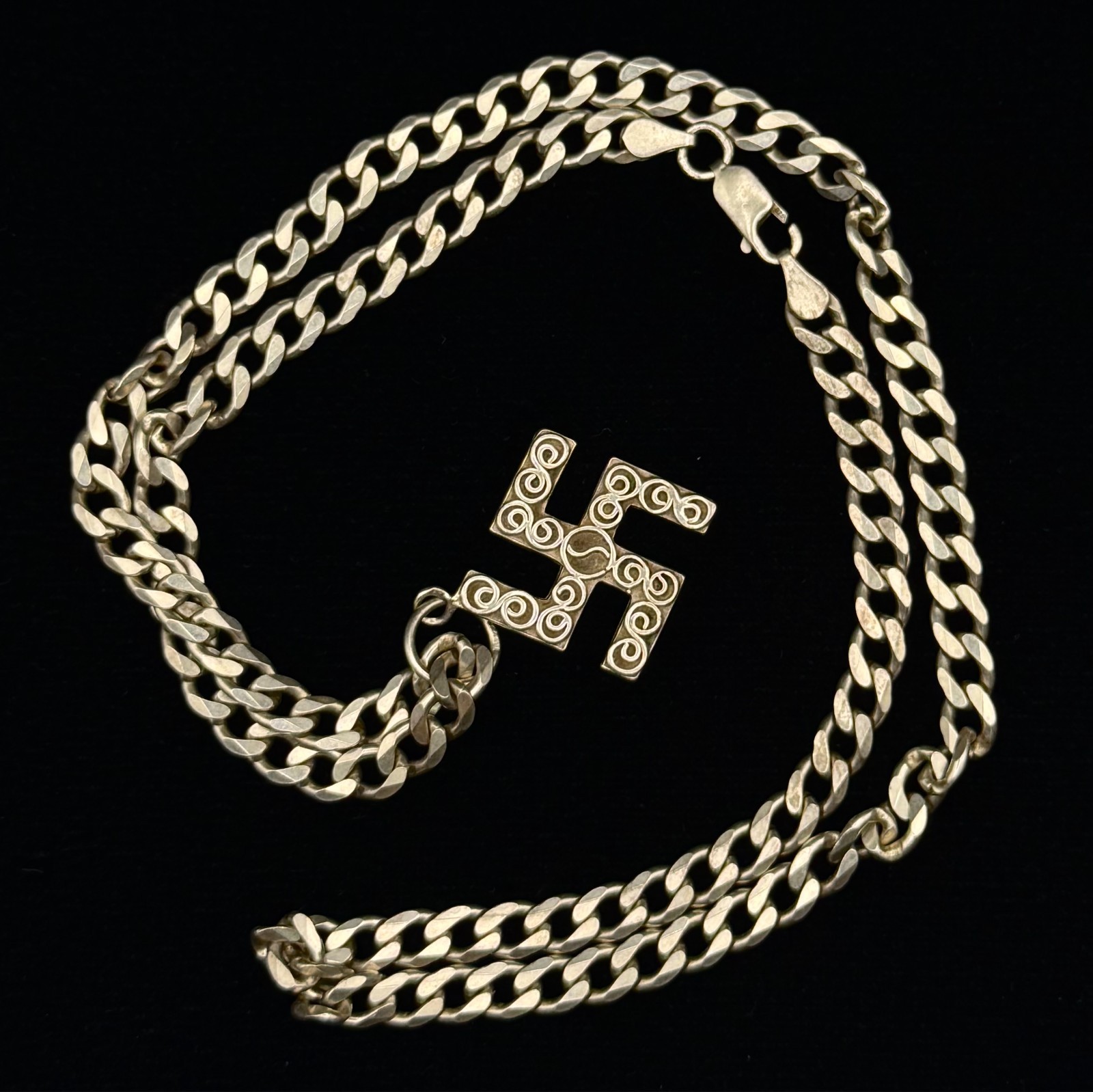 Mongolian Swastika Buddhist Symbol 925 Silver Necklace for Men Vintage RARE