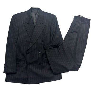 vtg 90s Black Stripe 40R 41R 35x30 Double Breasted 2pc Pant Suit Wool Pleated