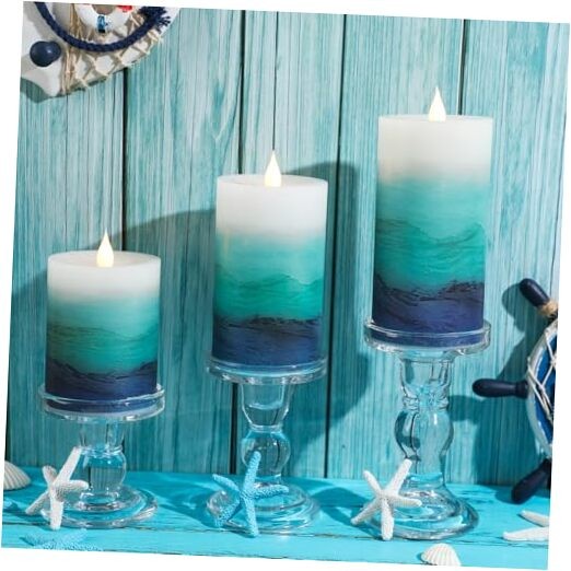  3 Pcs Blue Teal Coastal Beach Pillar Candles Flameless LED 