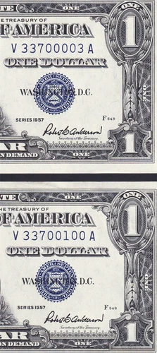 USPC TWO FR 1619 $1 1957 SILVER CERTIFICATES, UNC (GEM) WITH SEQ SERIAL#'s - Picture 5 of 6