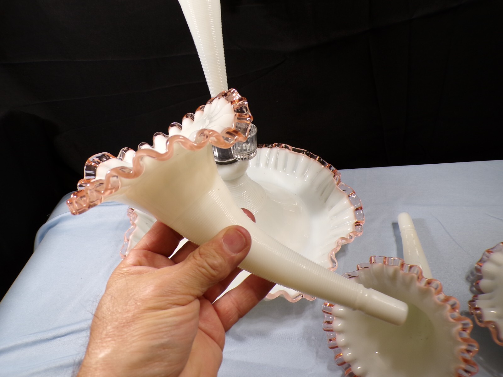 Fenton For L.G. Wright Milk Glass Pink Rose Crest Four 4 Horn Epergne