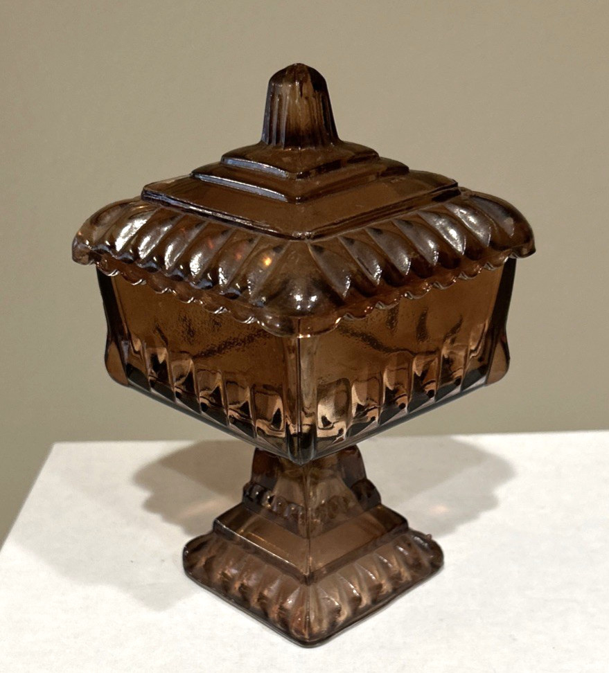 Vintage Jeanette Carnival Glass Wedding Box Dish Brown Rose Pedestal 6.5" + Lid