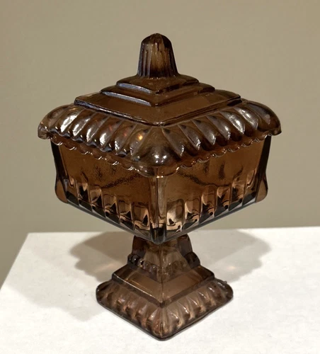 Vintage Jeanette Carnival Glass Wedding Box Dish Brown Rose Pedestal 6.5" + Lid