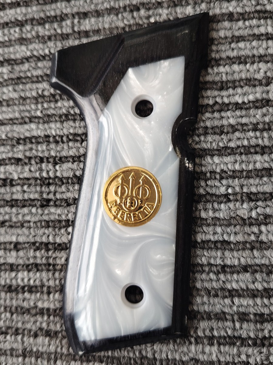 Beretta 92 fs grips white pearl resin with gold medaillon black