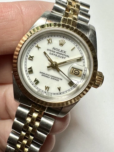 ROLEX Ladies DATEJUST 26mm 18K Gold & Steel White Roman Watch 69173 + BOX PAPERS