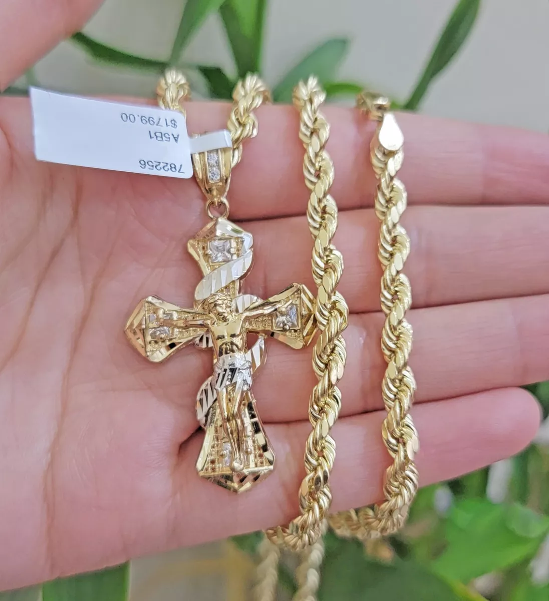 10K Gold Rope Chain Necklace Jesus Cross Charm Pendant Set 18-28 inch 5mm, Real 24 inch