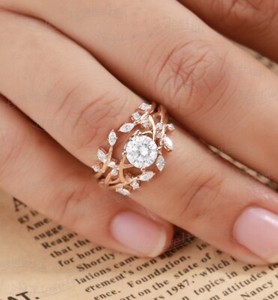 Authentic Twig Leaf Branch Enhancer Engagement Wedding Ring Moissanite Silver Ring Set