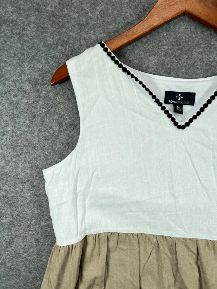 Ronni Nicole Dress Womens Medium White Brown Linen Blend Sleeveles Casual Ladies - Image 3 of 4