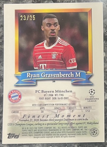 2022-23 Topps Finest BLACK 23/25 #28 Ryan Gravenberch FC Bayern Munchen - Picture 2 of 2