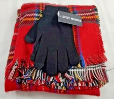 Steve Madden Blanket Scarf Wrap & Gloves Set Red Tartan Plaid Fringe NWT New