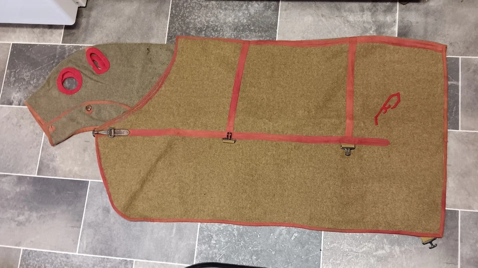 Antigua manta ecuestre con capucha y cubierta de caballo de lana de 1900 rara Foto 2 de 4