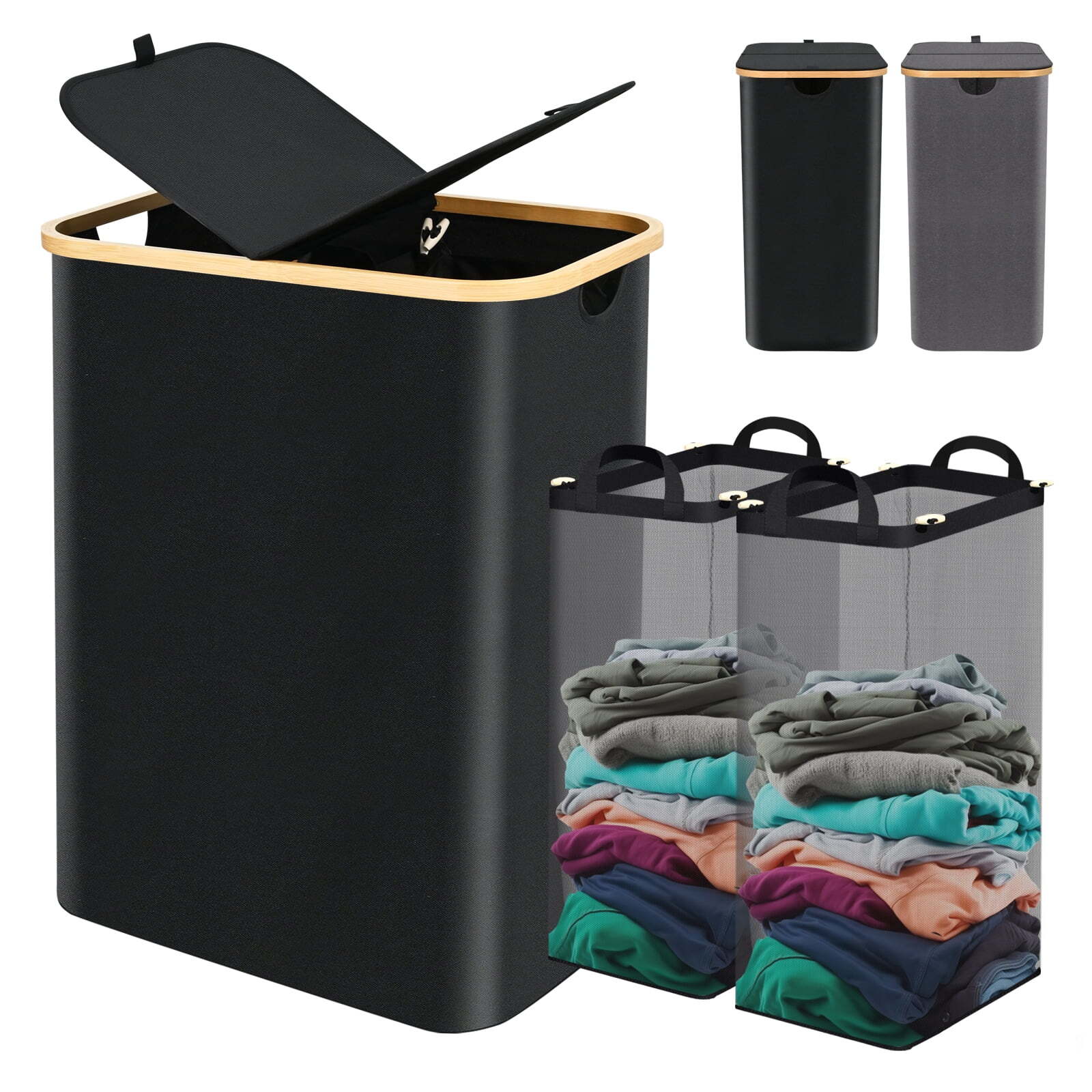 Large capacity laundry basket with foldable lid and removable bag