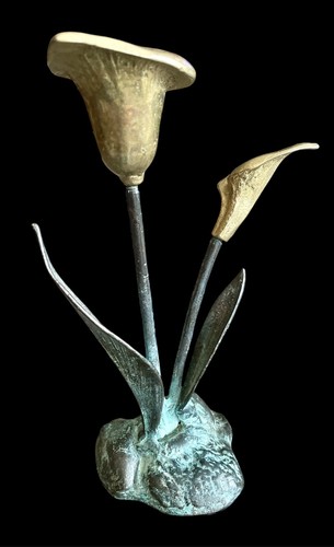 Vtg Verdigris Calla Lilies Brass Candle Holder Art Nouveau Patina Leaves 7-1/4” - 第 3/7 張圖片