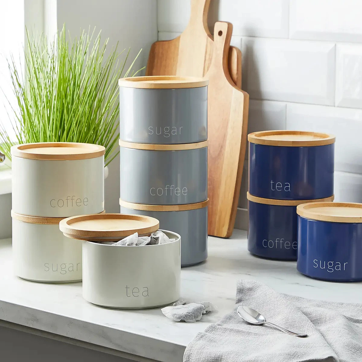 Stacking Metal Canisters Tea Coffee and Sugar Space Saving