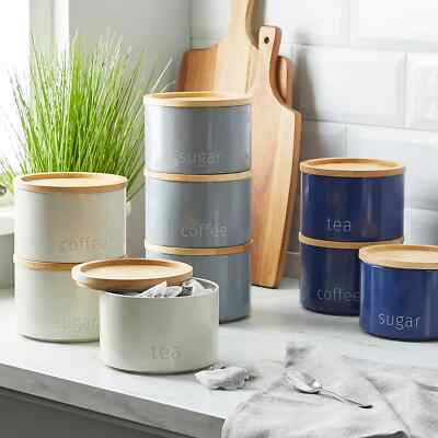 Tcs Matalan Tea And Coffee Canisters Shop Grey Stacking Tea Coffee
