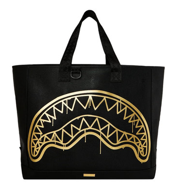 Sprayground Metallic Gold Fang Tote Bag New Black Shoulder Large Purse