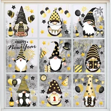 9 Sheets Happy New Year Window Cling Stickers Black Gold Gnomes Reusable Window