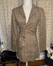 Fashion Nova Plaid Wrap Dress V-Neck Long Sleeve Belted Tie Waist XS Brown