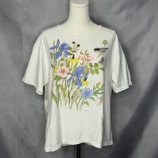Oneita Power-T White Bird Floral Graphic Short Sleeve Crew Neck Y2K Vintage