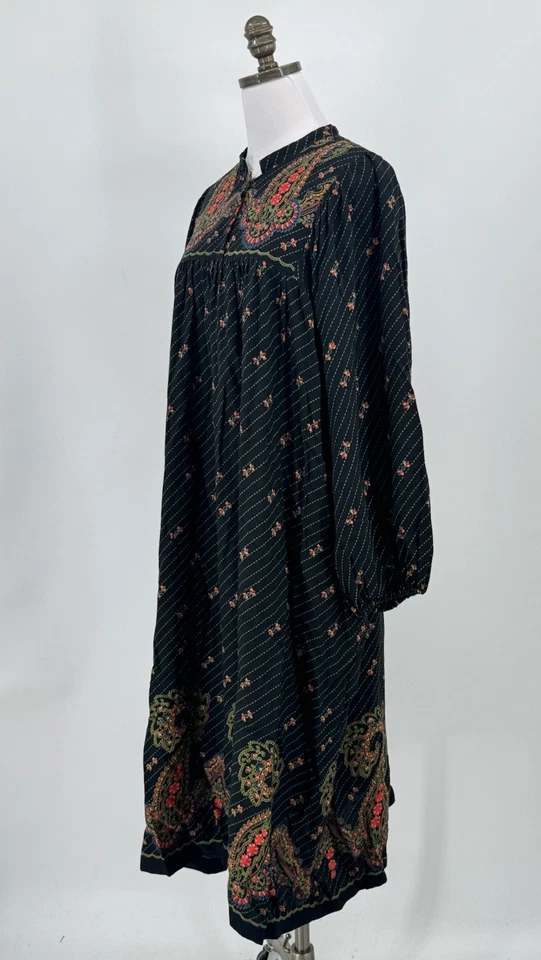 Vintage Lady Lewis Black Floral Long Tunic Dress Puff Sleeve Button Front - Image 3 of 4
