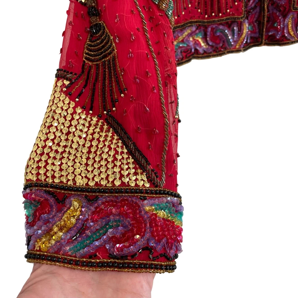 Top vintage de seda pura lentejuelas con cuentas manga larga rojo multi mujer mediano? Foto 4 de 4