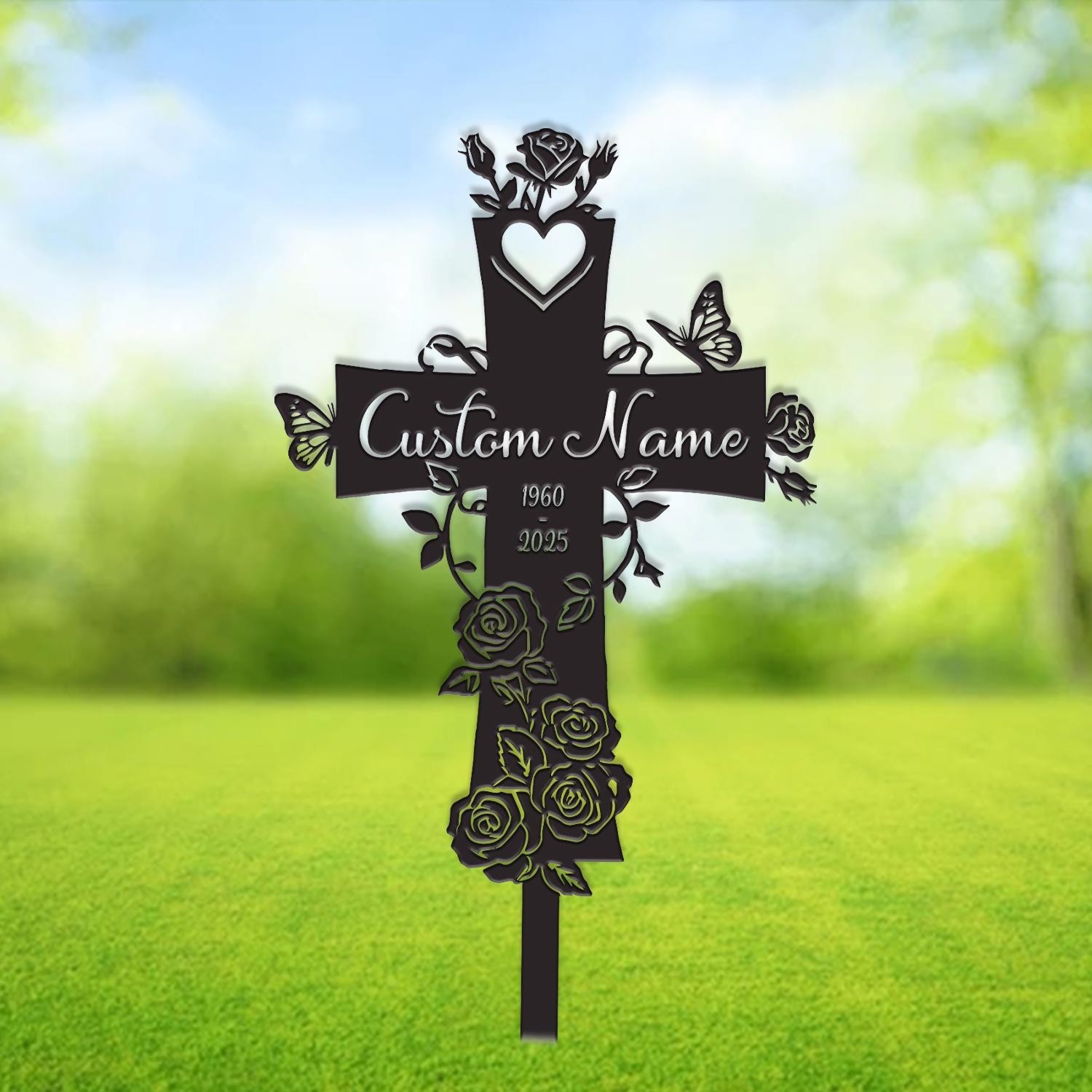 Personalized Cross With Rose Flowers Memorial Stake, Cross Grave Marker Me Sign