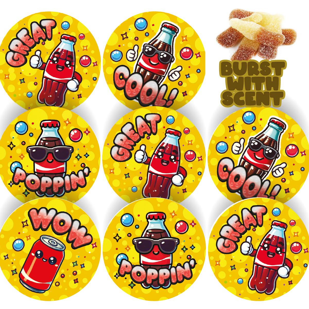 120 Cool Cola Praise Words Scented  30mm Reward Stickers Teachers, Party Bags