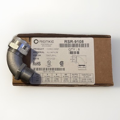 Remke Industries RSR-9108 Cord Grip, alum, 90 deg, 1/2''  cable range .438 - .500