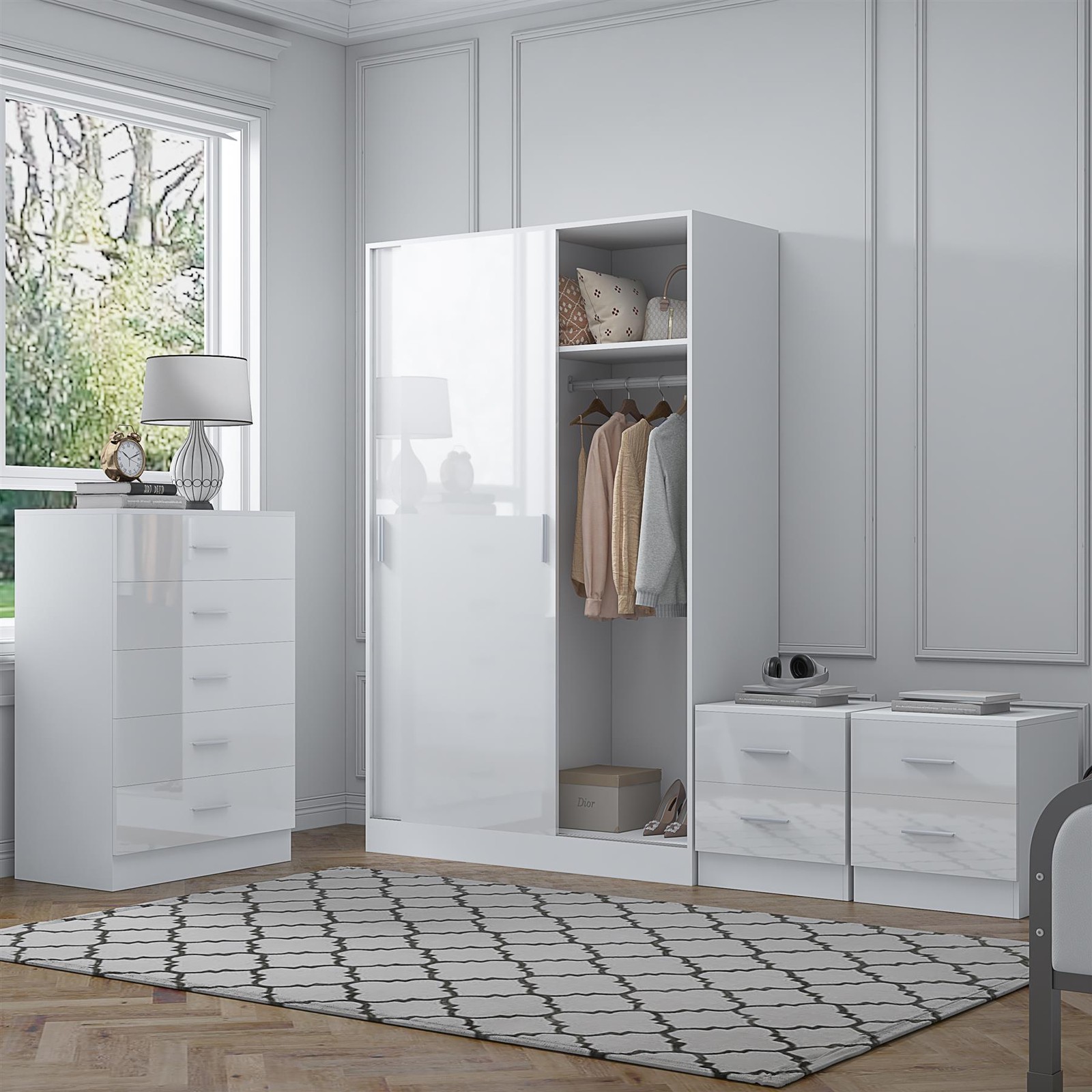 REFLECT Sliding Wardrobe + 5 Drawer Chest + 2x Bedsides - White/White